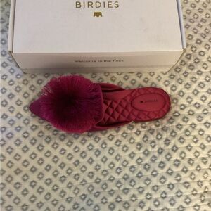 Birdies Fuchsia Pom Pom satin slide shoes